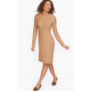 Talbots Cable Knit Button Shoulder Sweater Dress Camel Beige NWT Size Medium